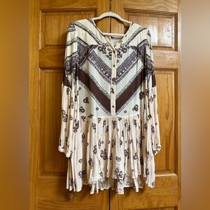 Free People Pink Brown Floral Tunic Mini Dress Drop Waist Long Sleeve Size S